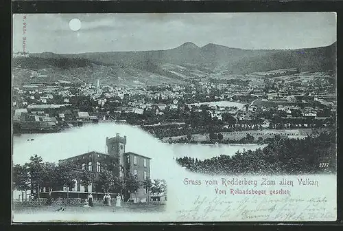Mondschein-AK Rolandseck, Gasthaus zum alten Vulkan Rodderberg vom Rolandsbogen gesehen, Teilansicht