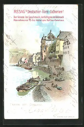 Künstler-AK Koblenz, Resag`s Deutscher-Kern-Cichorien, Ortspartie und Boote
