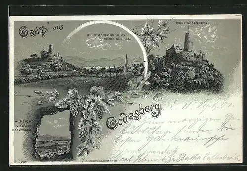 Mondschein-Lithographie Godesberg, Ruine und Siebengebirge, Aussicht v. d. Ruine