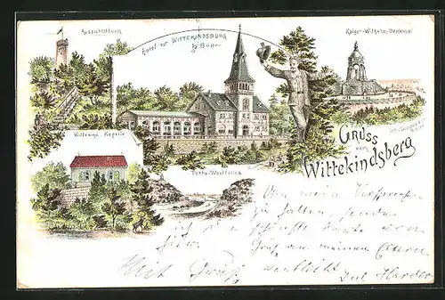 Lithographie Wittekindsberg, Kaiser-Wilhelm-Denkmal, Hotel zur Wittekindsburg, Aussichtsturm, Kapelle