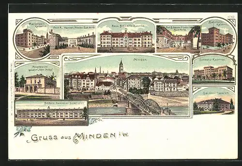Lithographie Minden i. W., Ortsansicht, Marienwall-Kaserne, Neue Artillerie-Kaserne, Bahnhofskaserne, Garnison-Lazarett