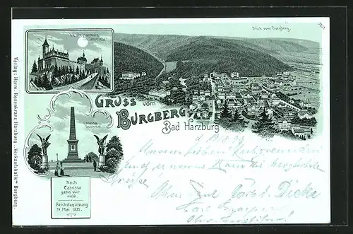 Mondschein-Lithographie Bad Harzburg, Blick vom Burgberg, Die alte Harzburg im Jahre 1650, Canossa Denkmal