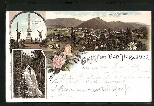 Lithographie Bad Harzburg, Teilansicht, Radauwasserfall, Canossa Denkmal