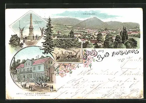 Lithographie Bad Harzburg, Hôtel Stadt London, Canossa Säule, Teilansicht