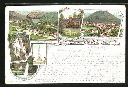 Lithographie Bad Harzburg, Kurhaus und Actien Hotel, Sennhütte, Radauwasserfall