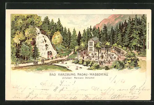 Lithographie Bad Harzburg, Gasthaus Radau-Wasserfall