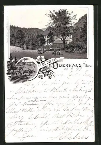 Lithographie Oderhaus i / Harz, Gebäudeansicht und Pferdewagen
