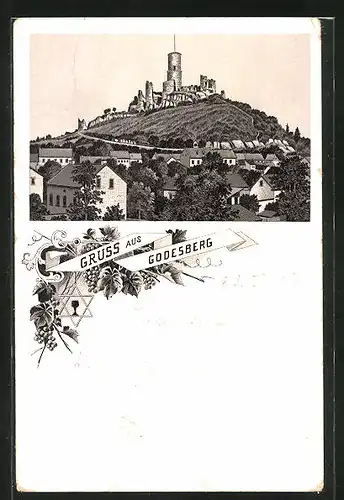 Lithographie Godesberg, Blick auf die Godesburg