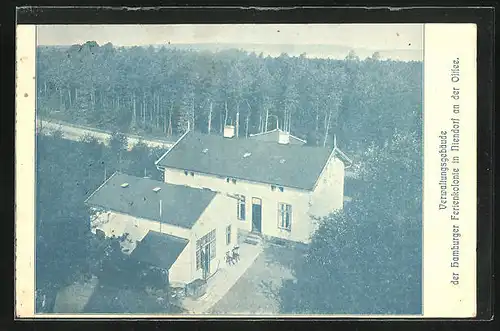 AK Niendorf, Verwaltungsgebäude der Hamburger Ferienkolonie aus der Vogelschau