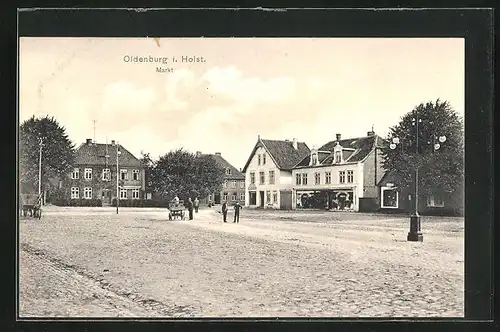 AK Oldenburg i. Holst., Markt mit Häusern und Laternen