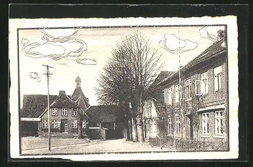AK Oldenburg i. H., Am Markt mit Wohnhäusern, Kirche und Strommasten