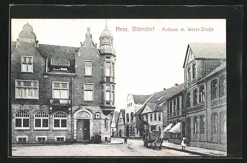 AK Hess. Oldendorf, Rathaus mit Weser-Strasse, Lastkarren