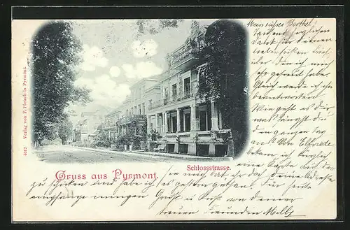 Passepartout-Mondschein-AK Pyrmont, Blick in die Schlossstrasse mit Villen