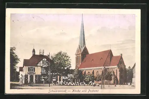 AK Schwarzenbek, Ortspartie mit Kirche und Postamt