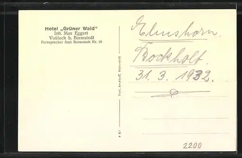 AK Vossloch b. Barmstedt, Hotel Grüner Wald von Max Eggert