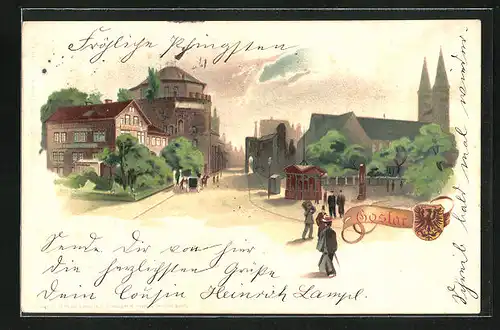 Lithographie Goslar, Strassenpartie mit Kiosk