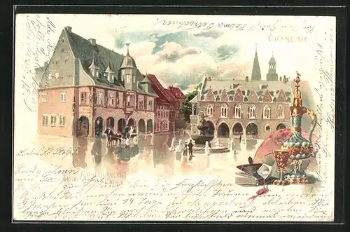 Lithographie Goslar, Am Kaiserworth, Rathaus mit Brunnen