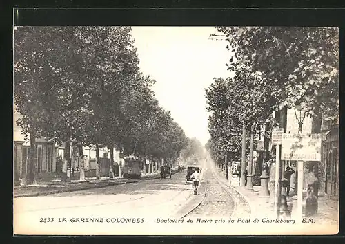 AK La Garenne-Colombes, Boulevard du Havre pris du Pont de Charlebourg, Strassenbahn