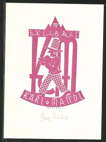 Exlibris Karl Mandl, Mann mit Zylinder beim Lesen