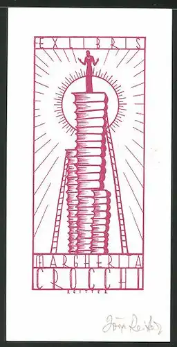Exlibris Margherita Crocchi, Person auf Stapel von Bücher