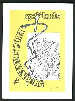 Exlibris Erik Skovenborg, Königin mit untertanen, Äskulapstab