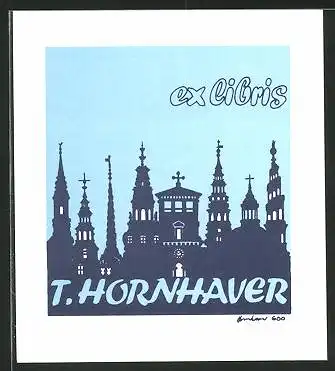 Exlibris T. Hornhaver, Stadtansicht im dunkeln