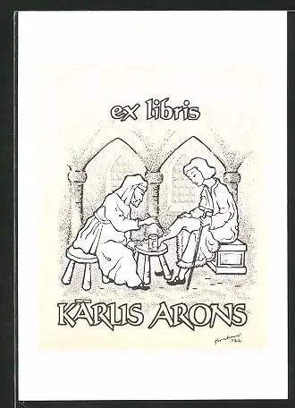 Exlibris Karlis Arons, Mann malt Frau das Bein an