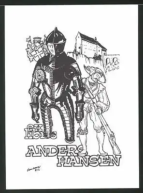 Exlibris Anders Hansen, Ritterrüstung mit Soldat und Gewehr