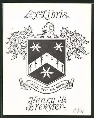 Exlibris Henry B. Brewster, Wappen mit Pfeilen und Löwe