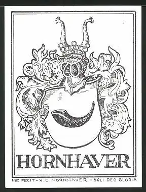 Exlibris Hornhaver, Wappen mit Ritterhelm und Horn