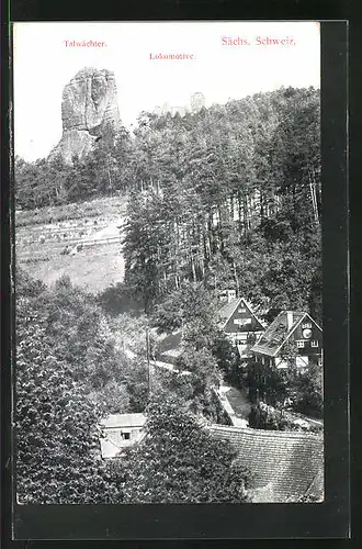 AK Rathen /Sächs. Schweiz, Blick vom Ort auf Talwächter und Lokomotive