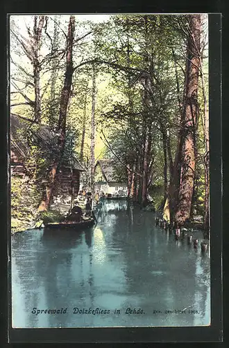 AK Lehde /Spreewald, Kahn auf dem Dolzkefliess