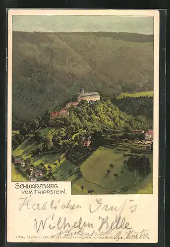 Lithographie Schwarzburg, Ortsansicht vom Trippstein