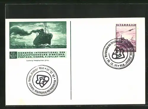 AK Vienne, Congrès international d. collectionneurs d`entiers-postaux 1933, Passagierschiff b. voller Fahrt, Ausstellung