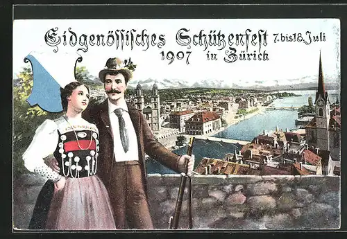 AK Zürich, Eidgenössisches Schützenfest 1907, Teilansicht, Schütze & Fau mit Wappen