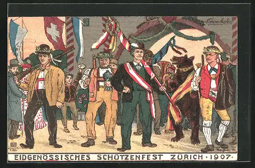Künstler-AK Zürich, Eidgenössisches Schützenfest 1907, Schützen mit Gewehr