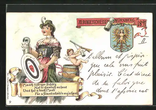 Lithographie Nürnberg, XII. Deutsches Bundesschiessen 1897, Wirtin mit Bierkrug und Zielscheibe, Englein
