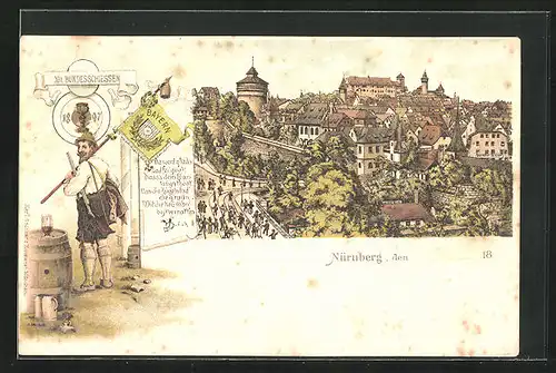 Lithographie Nürnberg, XII. Deutsches Bundesschiessen 1897, Teilansicht, Schütze mit Fahne