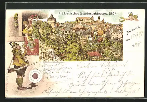 Lithographie Nürnberg, XII. Deutsches Bundesschiessen 1897, Teilansicht, Schütze & Zielscheibe