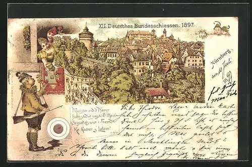 Lithographie Nürnberg, XII. Deutsches Bundesschiessen 1897, Teilansicht, Schütze & Zielscheibe