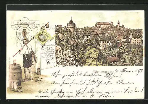 Lithographie Nürnberg, XII. Deutsches Bundesschiessen 1897, Teilansicht, Schütze mit Fahne