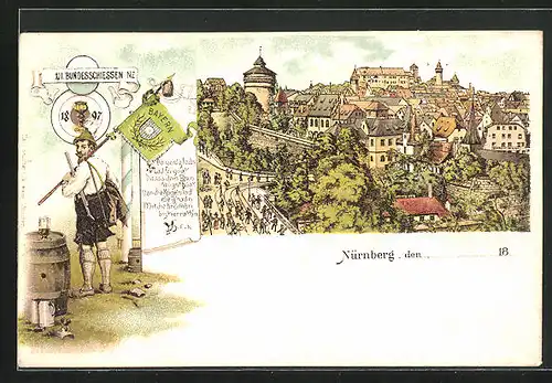 Lithographie Nürnberg, XII. Deutsches Bundesschiessen 1897, Teilansicht, Schütze mit Fahne