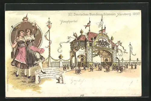 Lithographie Nürnberg, XII. Deutsches Bundesschiessen 1897, Hauptportal, Fruaen mit Bierkrug