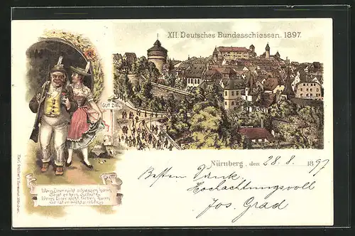 Lithographie Nürnberg, XII. Deutsches Bundesschiessen 1897, Teilansicht, Schütze mit Frau