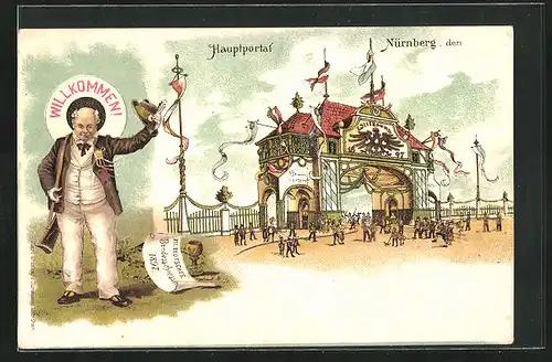 Lithographie Nürnberg, XII. Deutsches Bundesschiessen 1897, Teilansicht, Hauptportal, Schütze mit Gewehr