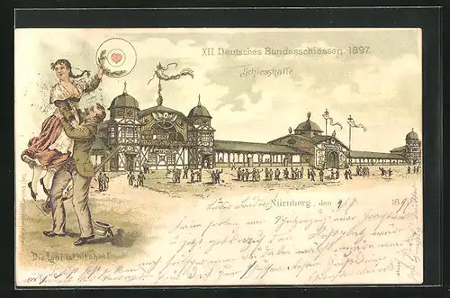 Lithographie Nürnberg, XII. Deutsches Bundesschiessen 1897, Schiesshalle, Paar mit Zielscheibe