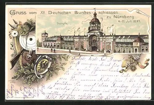Lithographie Nürnberg, XII. Deutsches Bundesschiessen 1897, Festhalle