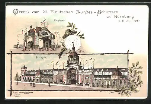 Lithographie Nürnberg, XII. Deutsches Bundesschiessen 1897, Hauptportal, Festhalle