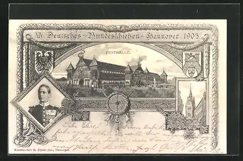 Künstler-AK Hannover, XIV. Deutsches Bundesschiessen 1903, Festhalle, Soldat in Uniform, Kirche