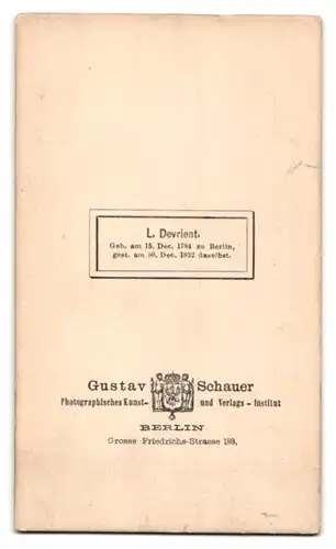Fotografie Gustav Schauer, Berlin, Grosse Friedrichstr. 188, Portrait des deutschen Schausspielers L. Devrient
